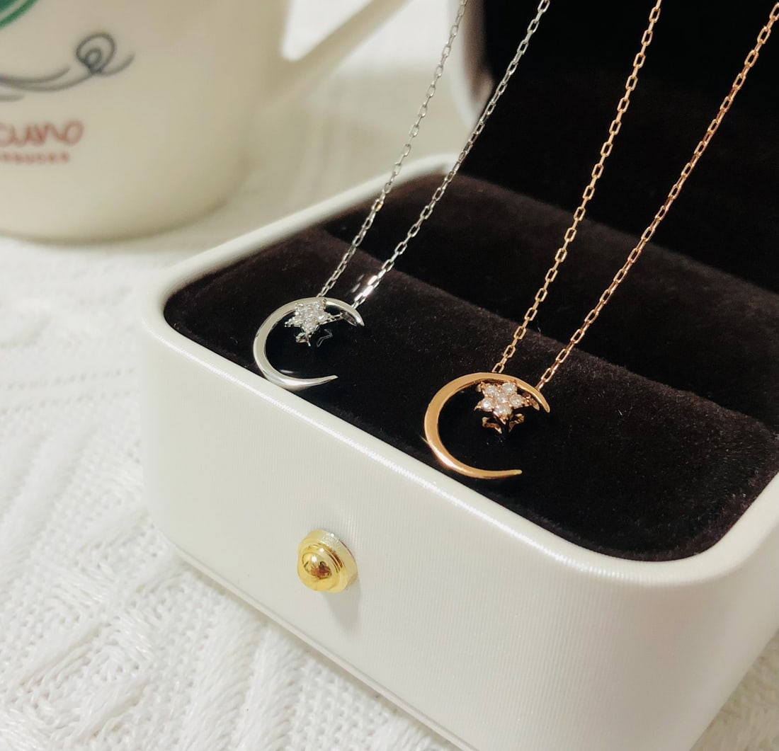 18K Gold Diamond Star and Moon Necklace - 7