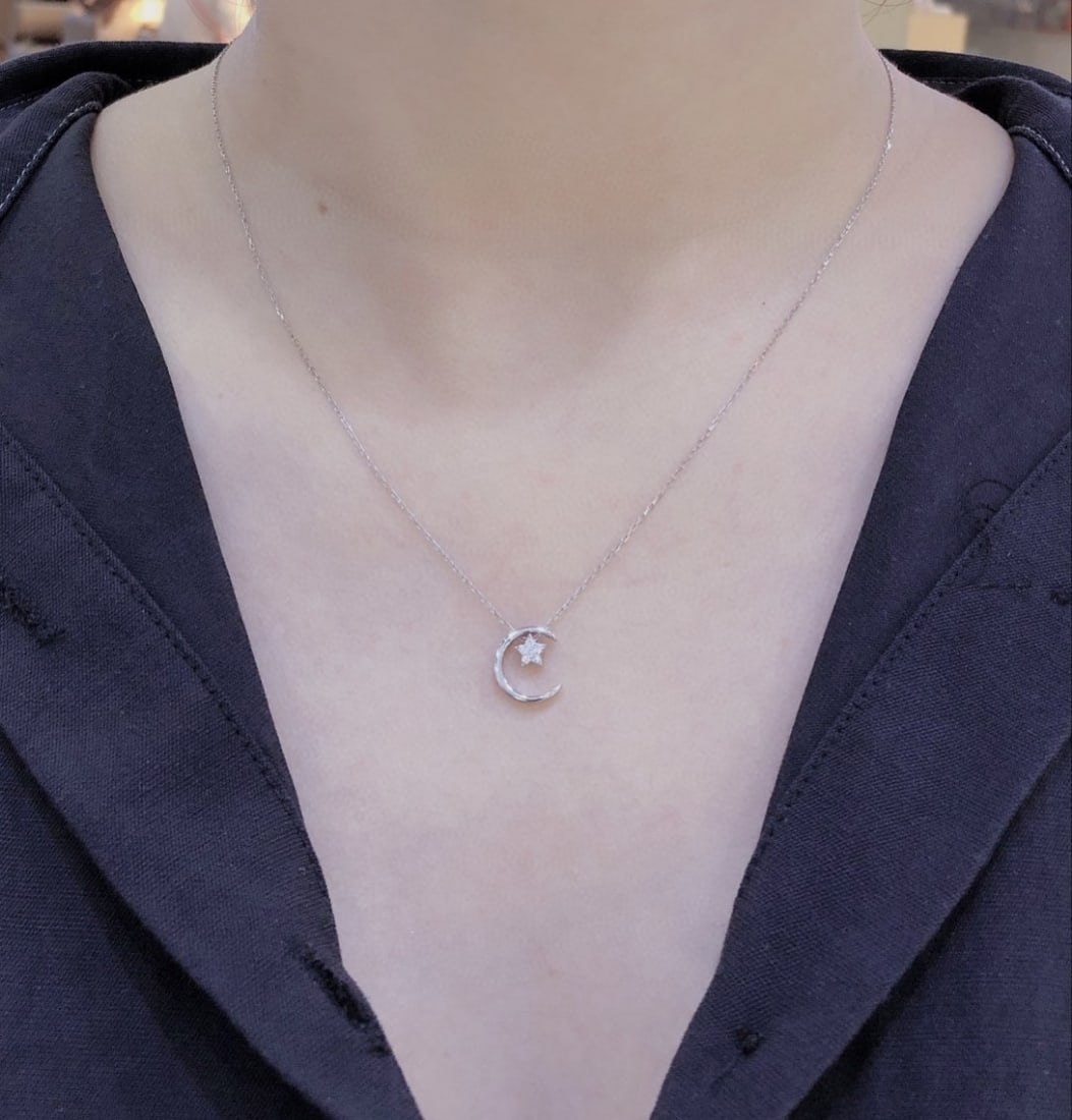 18K Gold Diamond Star and Moon Necklace - 8