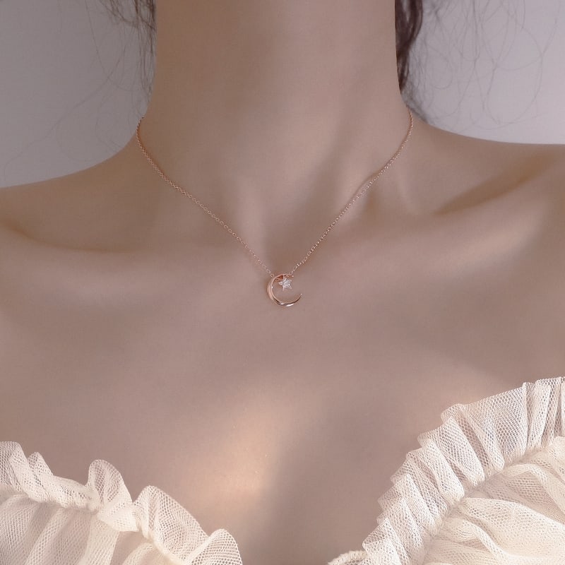 18K Gold Diamond Star and Moon Necklace - 9