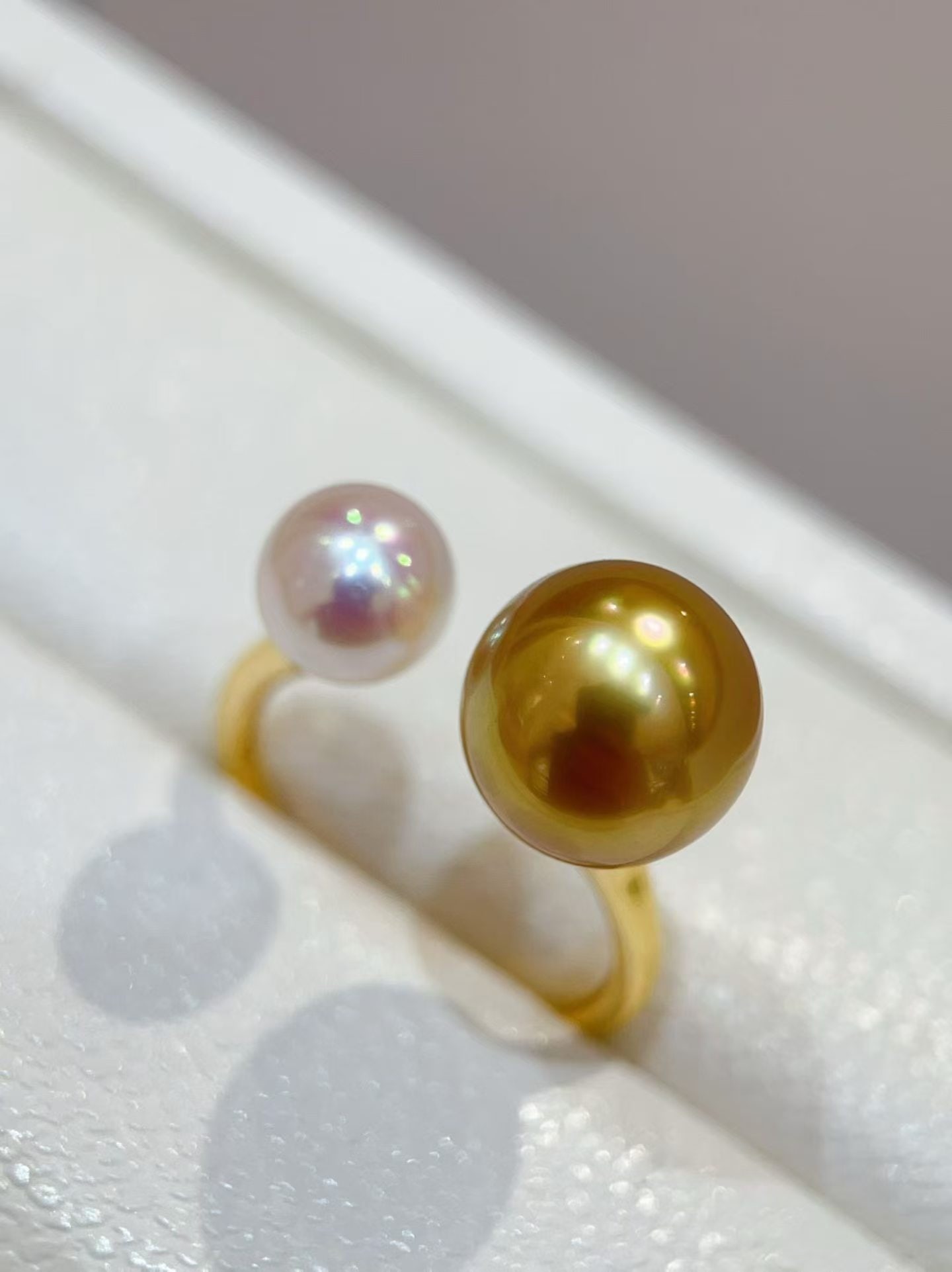 S925 Silver Freshwater White Pearl and Gold Pearl Ring - 2