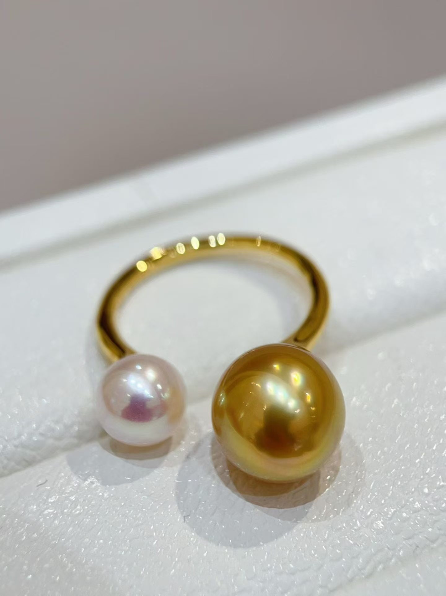 S925 Silver Freshwater White Pearl and Gold Pearl Ring - 3