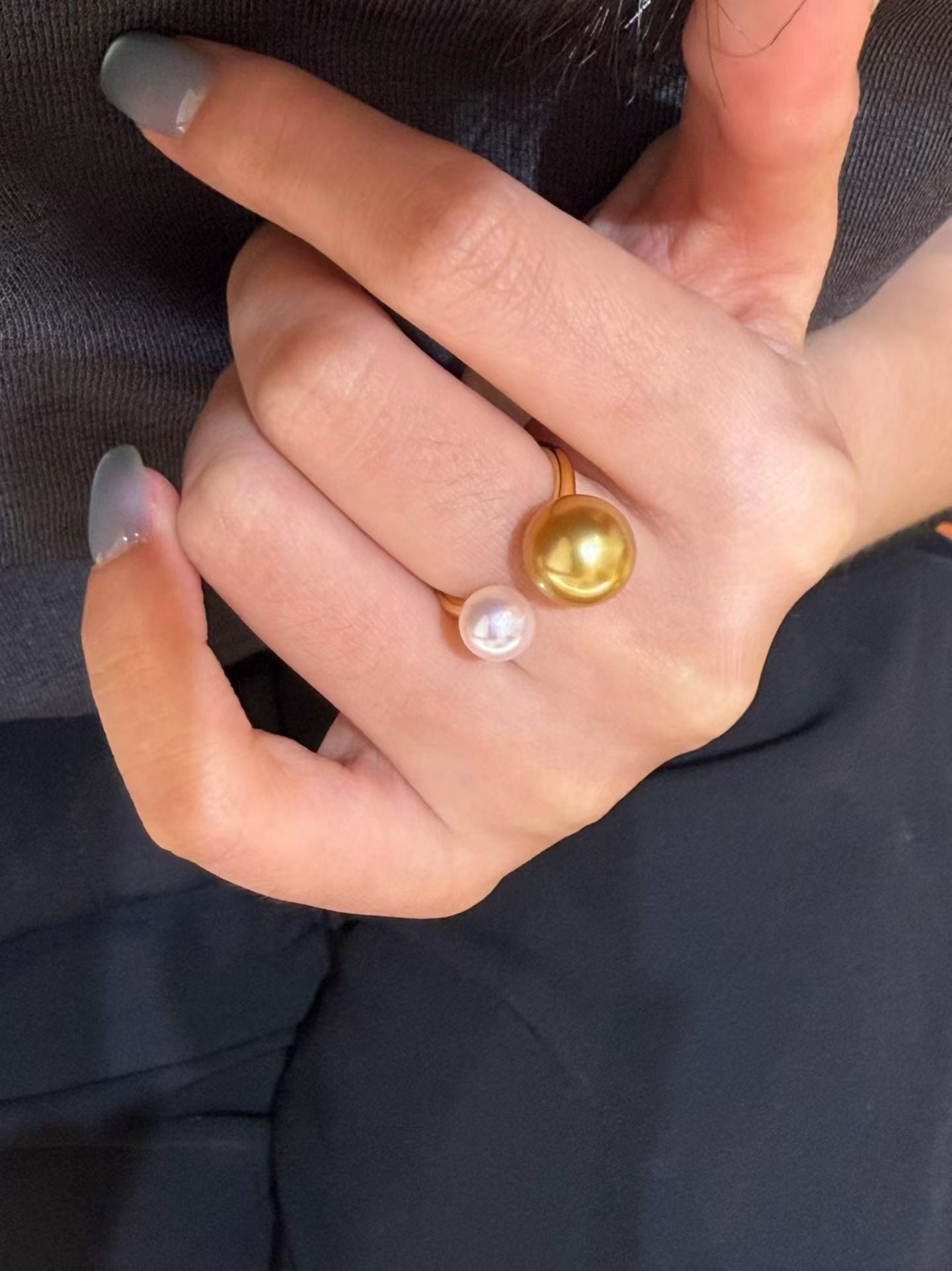 S925 Silver Freshwater White Pearl and Gold Pearl Ring - 4