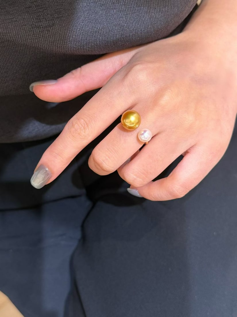 S925 Silver Freshwater White Pearl and Gold Pearl Ring - 5