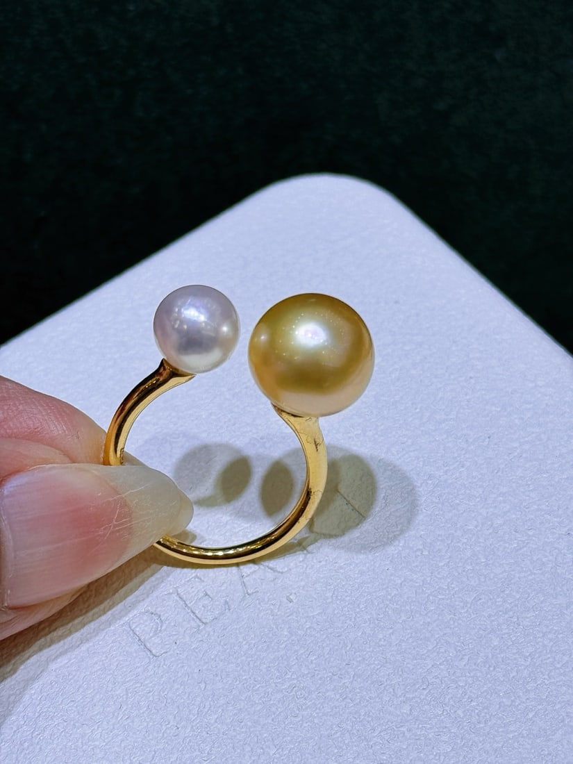 S925 Silver Freshwater White Pearl and Gold Pearl Ring - 6