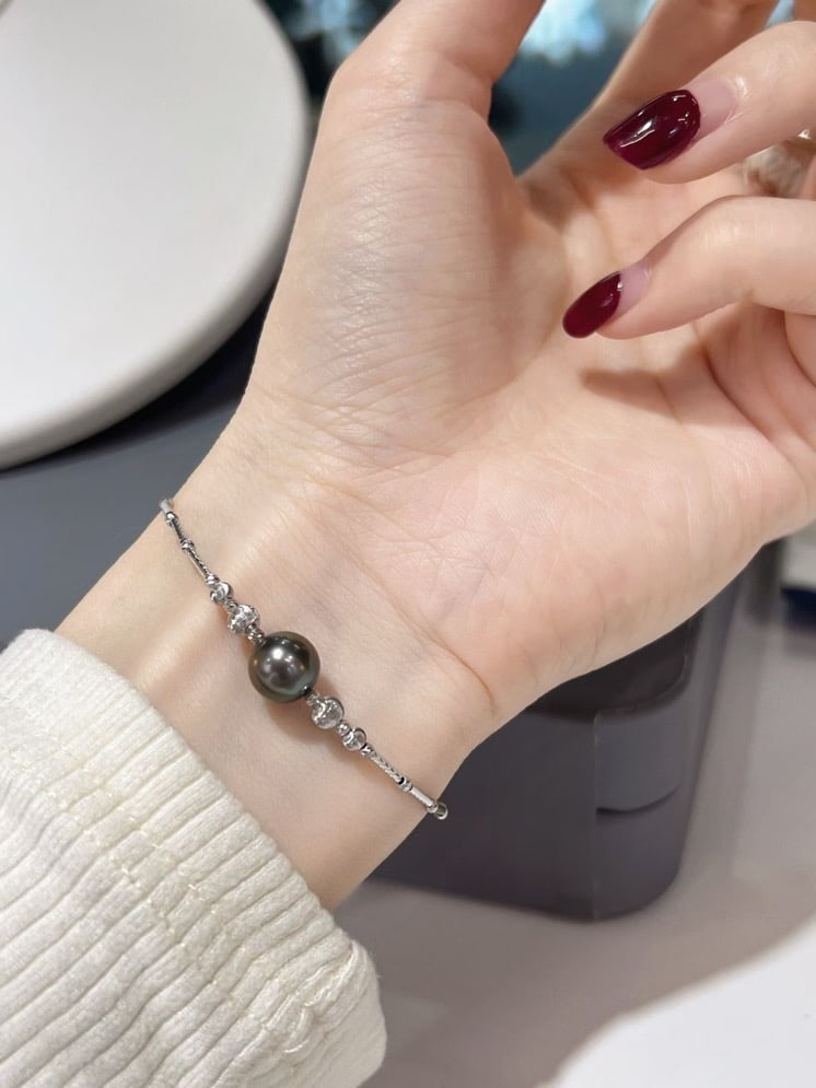 Sterling Silver Tahitian Black Pearl Bracelet - 6