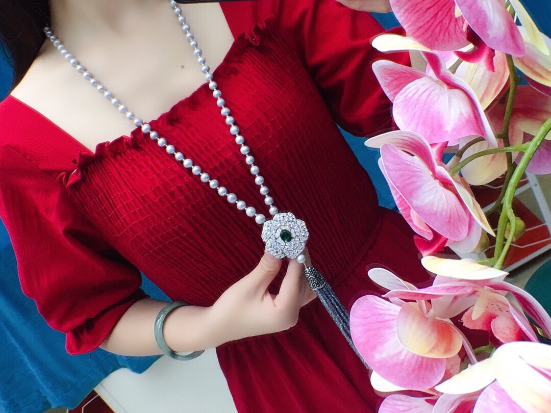 Freshwater Gray Pearl Sweater Necklace - 8