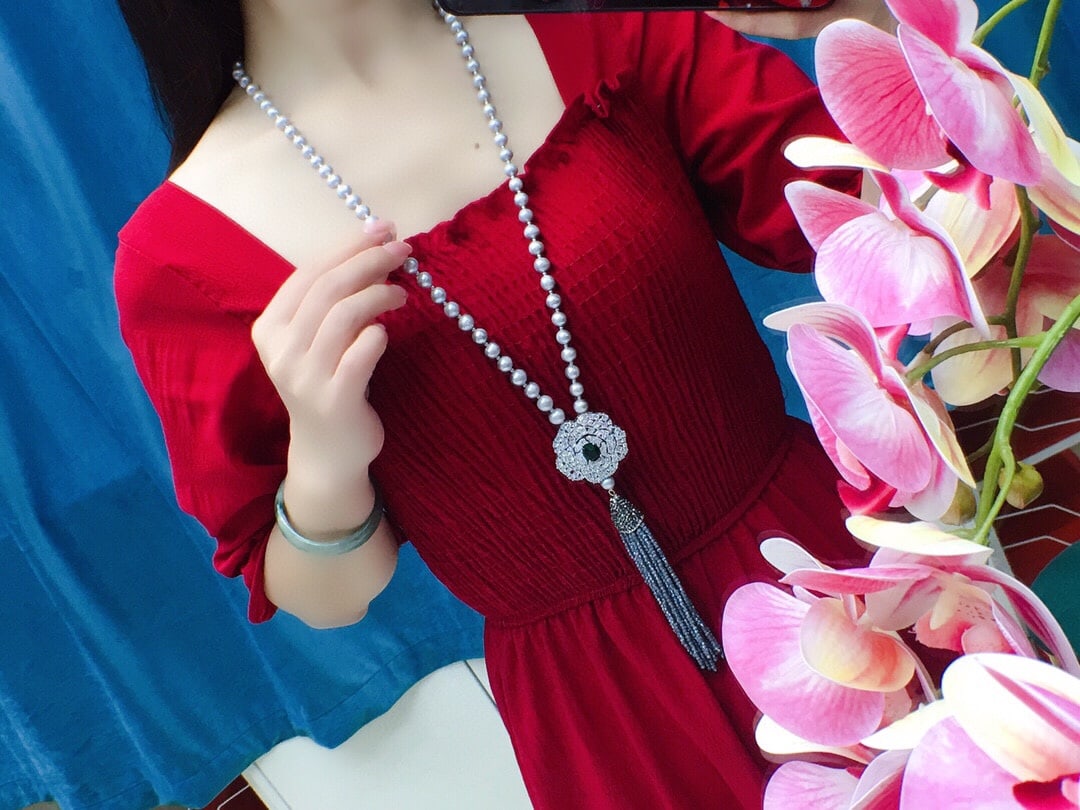 Freshwater Gray Pearl Sweater Necklace - 9
