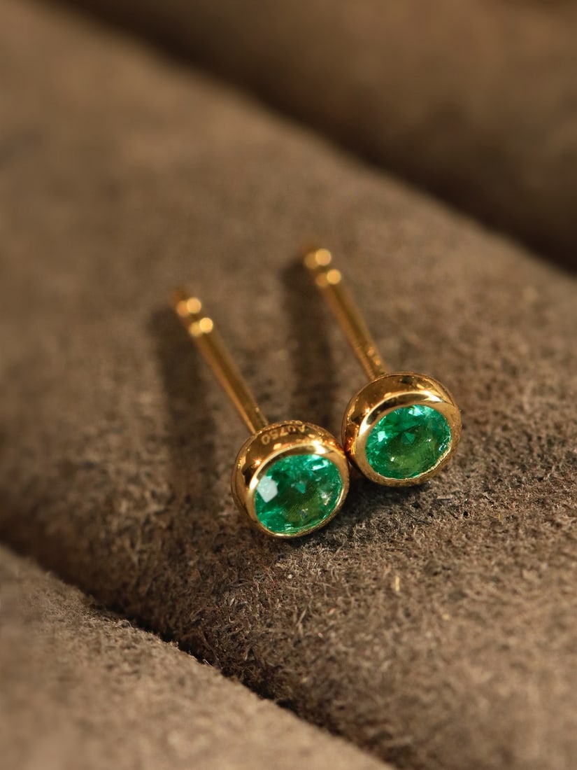 18K Gold Emerald Earrings - 2