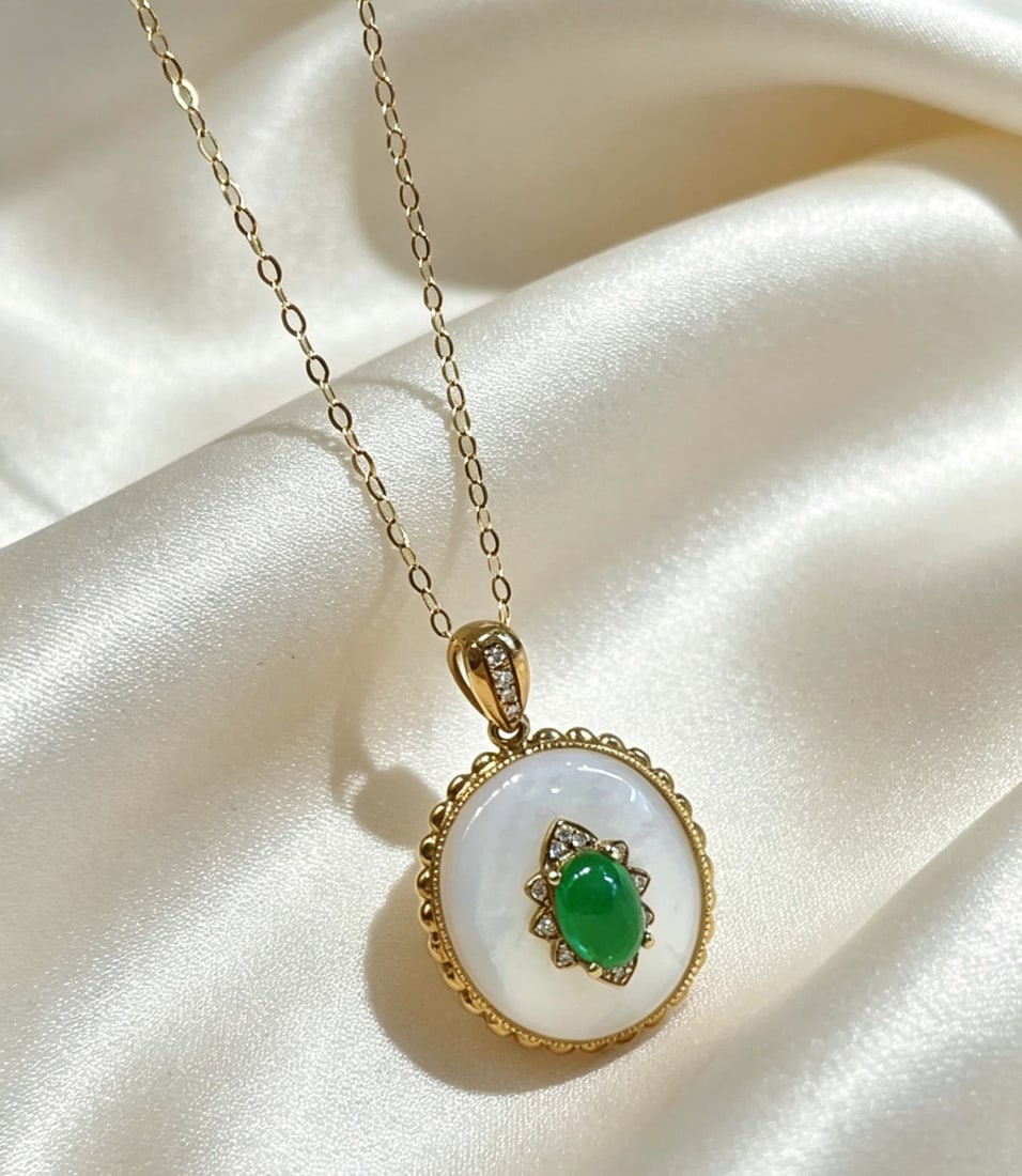 Emerald Necklace: Title: Emerald Necklace Description: This emerald necklace, with its vintage style and elegant design, is a classic choice for fashion. The exquisite combination of the emerald main stone and diamonds