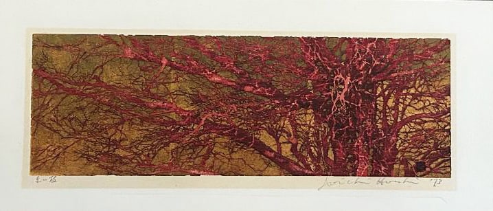 Joichi Hoshi (1913 - 1979): Red Branches: Artist/Title: Joichi Hoshi (1913 - 1979): Red Branches Date: 1873 Medium:Woodblock Print Edition: Size:The print image measures 4 7/8 X 14 3/4 inches plus margins Condition:The previously framed