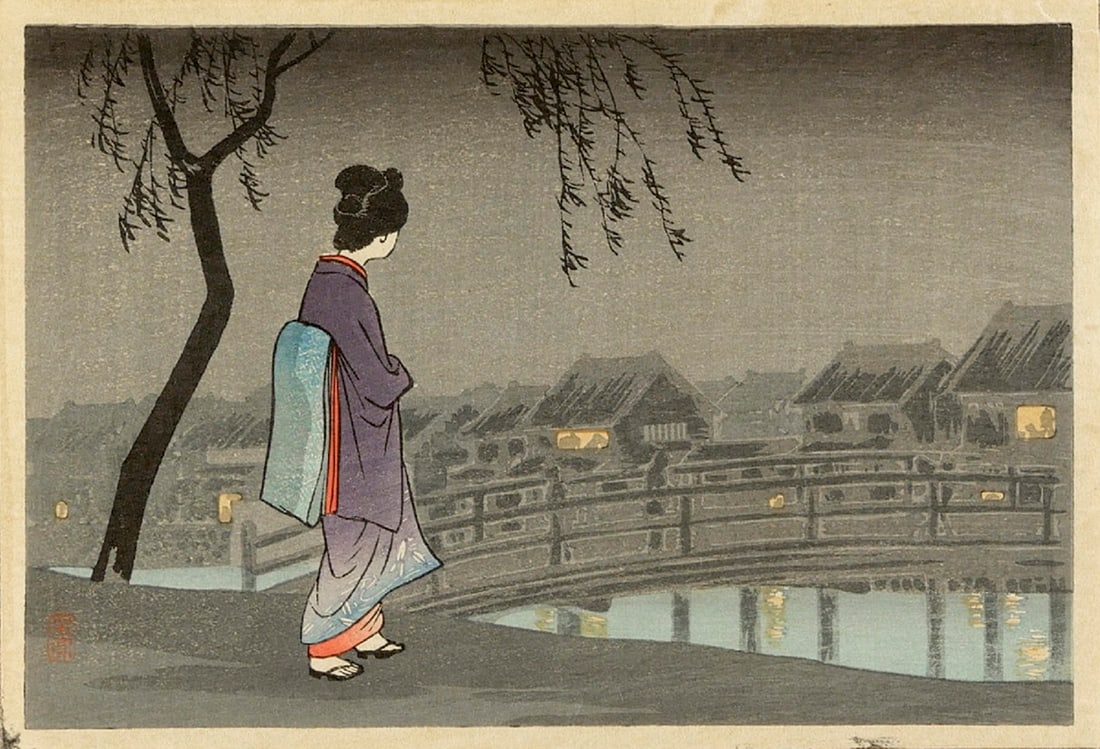 HIROAKI, Takahashi (Shotei): Beauty by Bridge at Night: Artist: HIROAKI, Takahashi (Shotei) Title:Beauty by Bridge at Night Date:early 1930s Medium:woodblock print Size/Format:koban yoko-e (c. 5 1/8" x 7 1/4") Reserve: $520.00 Shipping: Domestic: