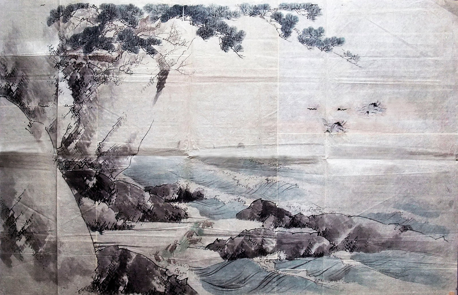 Unidentified artist: Rocky coastline with flying geese and turtles on the shore (1 of 1)