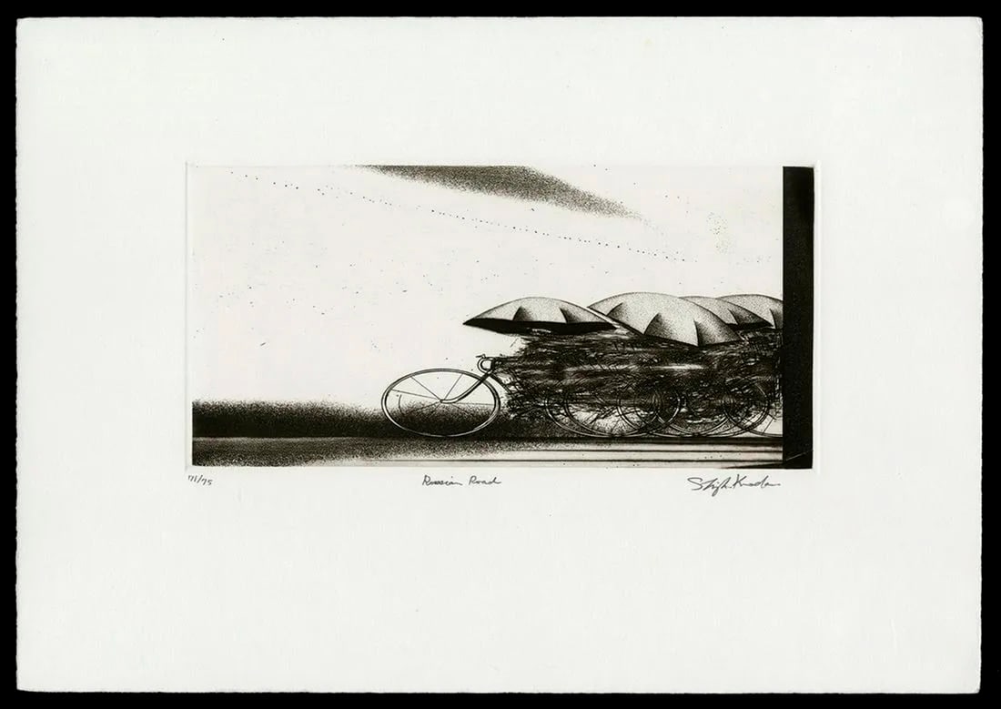 KURODA, Shigeki (b. 1953): Russian Road: Artist: KURODA, Shigeki (b. 1953) Title:Russian Road Publisher:(self-published) Date:undated (as always) Medium:Etching; limited editon, no: 71/75. Size/Format:4 5/8" x 9 1/2" Description:Pencil signa
