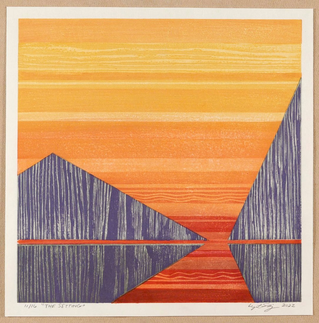 SHIMIZU, Lynita (b. 1952): The Setting - Limited edition no. # 11/16: Artist: SHIMIZU, Lynita (b. 1952) Title:The Setting - Limited edition no. # 11/16 Publisher:self-published Date:2022 Medium:Woodblock print. Size/Format:13.2 " x 13" (the entire sheet) Description:Car