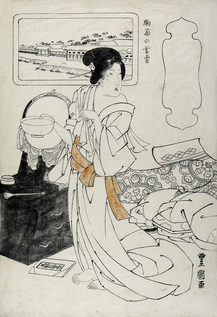 Utagawa TOYOKUNI II (1777-1835): Tsukuda and Hanatori of the House of Ogi-ya: Artist: Utagawa TOYOKUNI II (1777-1835) Title:Tsukuda and Hanatori of the House of Ogi-ya Series: Ten Views of Edo - Comparison of Beauties Date:c. 1815 Medium:Preparatory drawing ('shita-e') Size/For