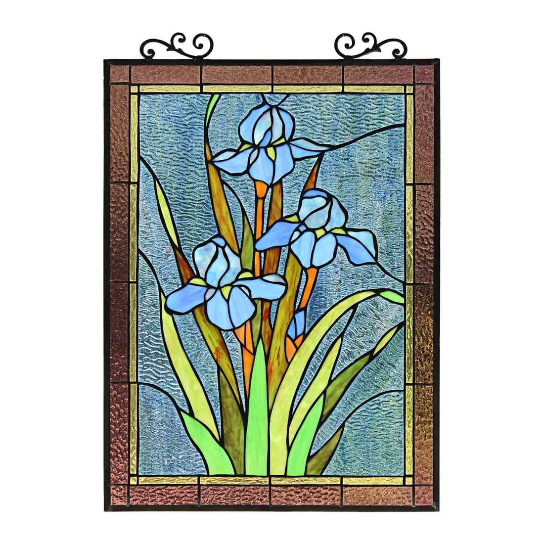 25.2" Stained Glass Iris Hanging Window Pane Suncatcher: 25.2" High x 17.72" Wide Such a wonderful reproduction stained glass window panel. This panel features wonderful blue Iris flowers. The technique used to make this window is the same used by Louis