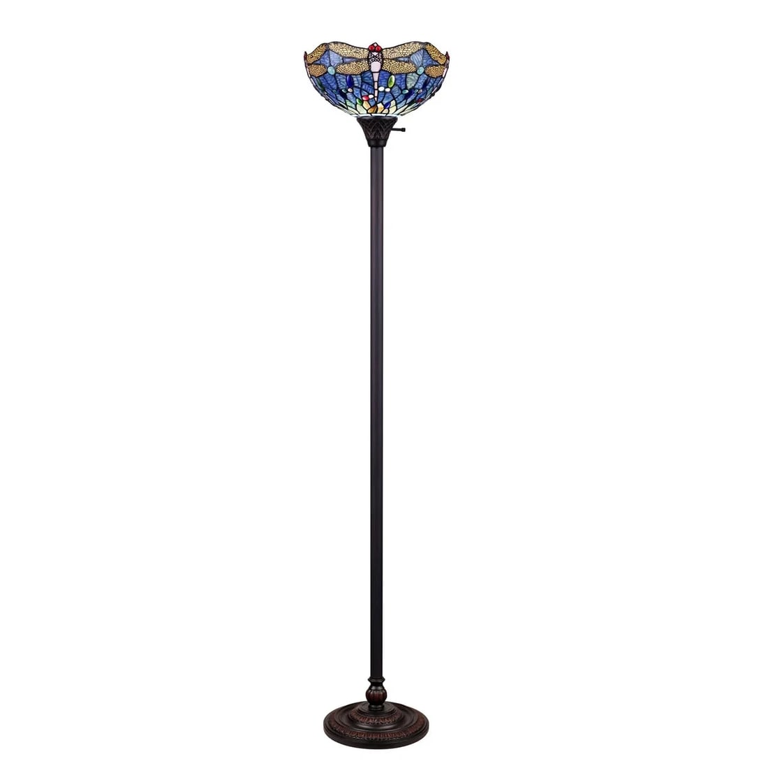 68.98" Stained Glass Dragonfly Torchiere Floor Lamp: 68.98" 14" Wide Shade Wonderful reproduction torchier floor lamp handcrafted in the spirit of the original artisans who brought light to the decorative arts of the early 1900s. Using traditional coppe