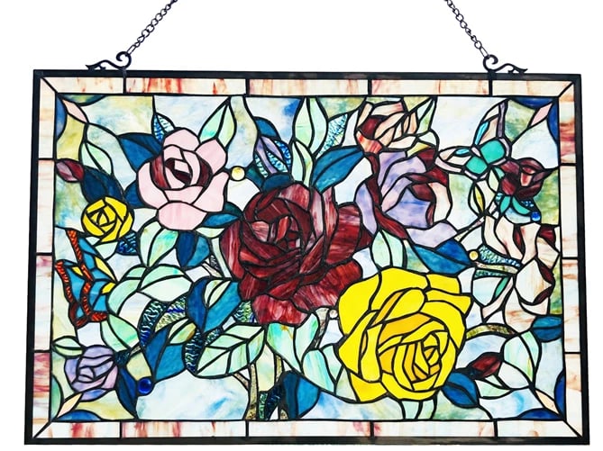 27" Stained Glass Window Hanging Panel Suncatcher: 27"x 19" Such a wonderful reproduction stained glass window panel. This panel is a true testament to the beauty and craftsmanship of stained glass art, and it is the perfect addition to any window in