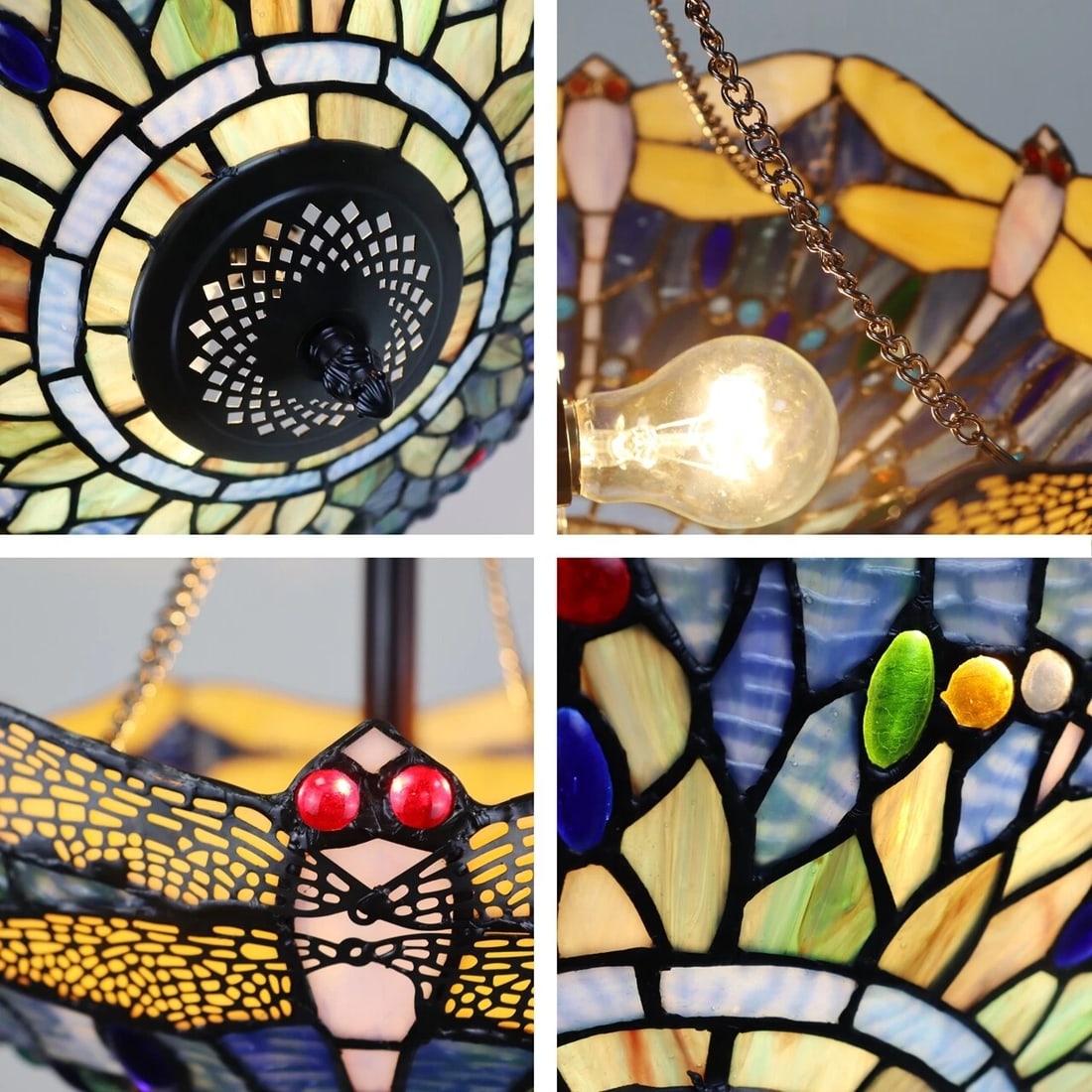 16" Dragonfly Stained Glass Semi Flush Ceiling Uplight - 5