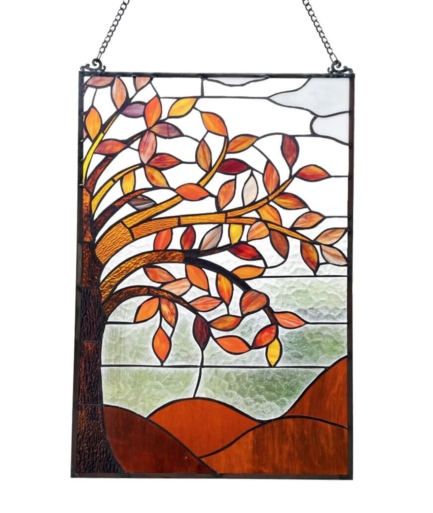 24" Fall Stained Glass Hanging Window Pane Suncatcher: 24"x16" Introducing a magnificent reproduction stained glass window panel that radiates timeless beauty. The technique used to make this window is the same used by Louis Tiffany in the early 1900s. Ea