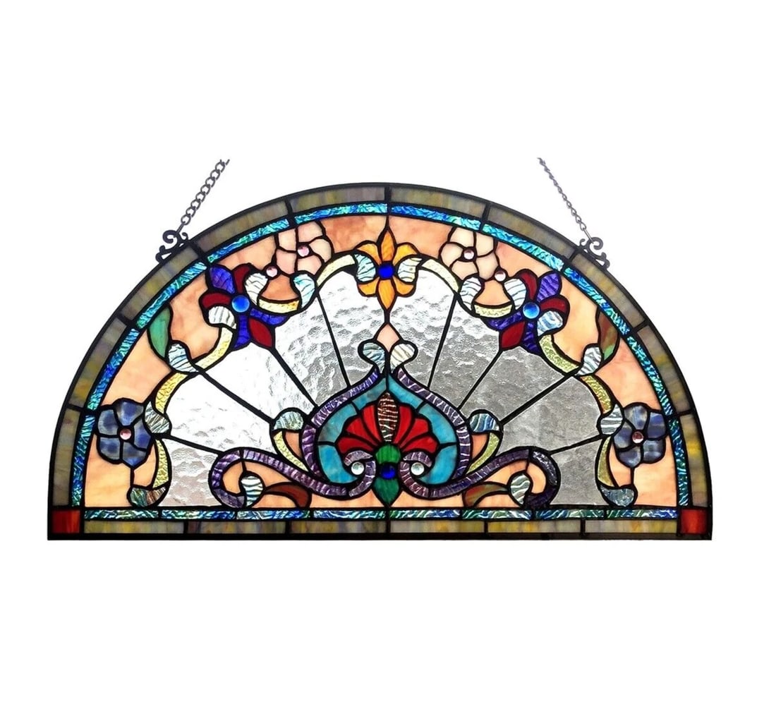 24" Half Circle Stained Glass Window Hanging Panel: 24" Wide x 13" High Such a wonderful reproduction stained glass window panel. This panel is a true testament to the beauty and craftsmanship of stained glass art, and it is the perfect addition to
