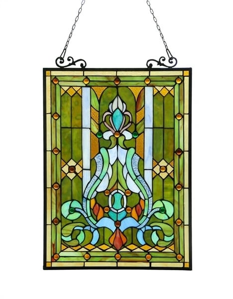 25" Stained Glass Hanging Window Pane Suncatcher: 25.51" x 17.76 Such a wonderful reproduction stained glass window panel. This panel is a true testament to the beauty and craftsmanship of stained glass art, and it is the perfect addition to any wind