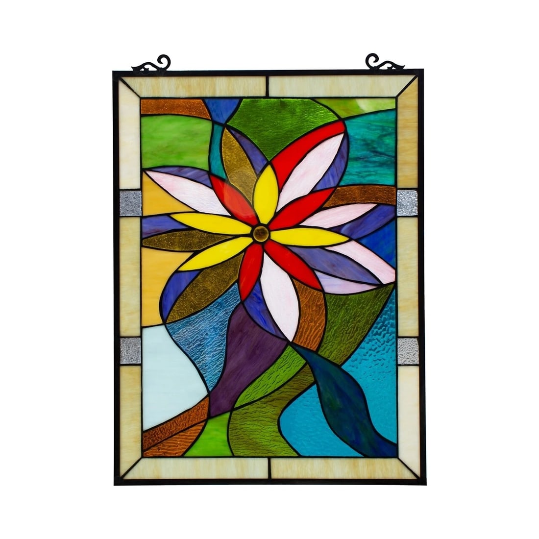 25" Stained Glass Window Hanging Panel: 25" (H) x 18.11" (W) Such a wonderful reproduction stained glass window panel. This panel is a true testament to the beauty and craftsmanship of stained glass art, and it is the perfect addition to an