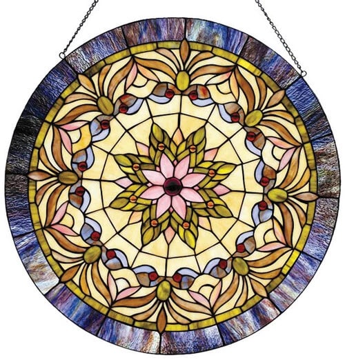 22" Round Stained Glass Window Hanging Panel Suncatcher: Description 22" Wide Stunning modern reproduction Tiffany Glass Window Panel This breathtaking window panel boasts an array of vibrant colors, including yellow, blue, red and green. Composed of hand-c
