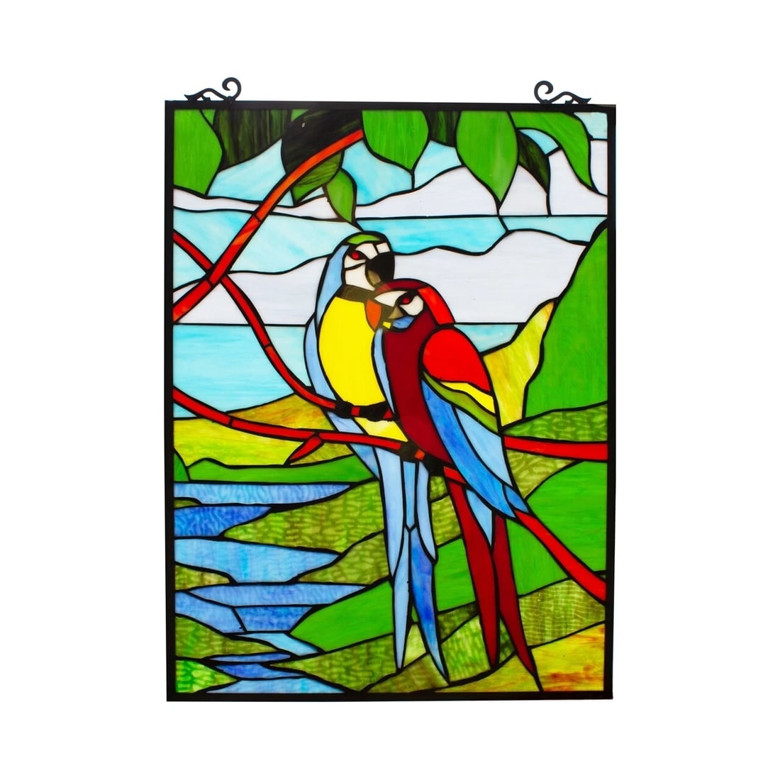 25" Tropical Parrot Stained Glass Window Hanging Panel Suncatcher: 25" (H) x 18.11" (W) Such a wonderful reproduction stained glass window panel. This panel is a true testament to the beauty and craftsmanship of stained glass art, and it is the perfect addition to an
