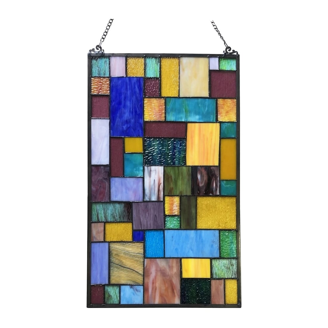 25" Geometric Stained Glass Window Hanging Panel Suncatcher: 25" Tall x 15" Wide Such a wonderful reproduction stained glass window panel. This panel is a true testament to the beauty and craftsmanship of stained glass art, and it is the perfect addition to