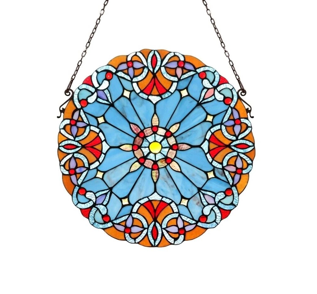 20" Round Stained Glass Window Hanging Panel Suncatcher: 20" Round Stained Glass Window Hanging Panel Suncatcher Reserve: $160 Shipping: Domestic: Flat-rate of $30 to anywhere within the contiguous U.S. International: Foreign shipping rates are determined