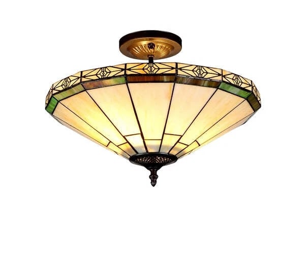 15.9" Mission Stained Glass Semi Flush Ceiling Uplight: (2) 60watt max 15.9"x 11.2" height Wonderful reproduction mission style stained glass ceiling light! Made of all glass and metal. Certain to add a flash of style to any room. Reserve: $136 Shipping: D
