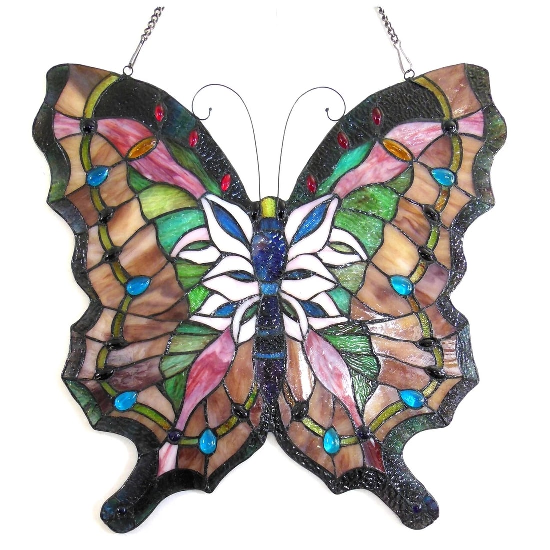22 1/4" Blue Butterfly Stained Glass Window Hanging Panel Suncatcher: Description 22 1/4" Wide x 22 1/4" tall Great reproduction glass butterfly panel. This piece is hand made from individually cut pieces of glass. The technique used to make this window are the same use