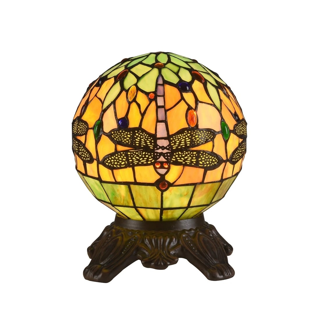 Stained Glass Dragonfly Accent Table Lamp: Wonderful new reproduction Tiffany-style lamp features a globe-like shade with a dragonfly motif, handcrafted from over 210 pieces of stained art glass and 44 colorful glass beads. It emits a warm, am
