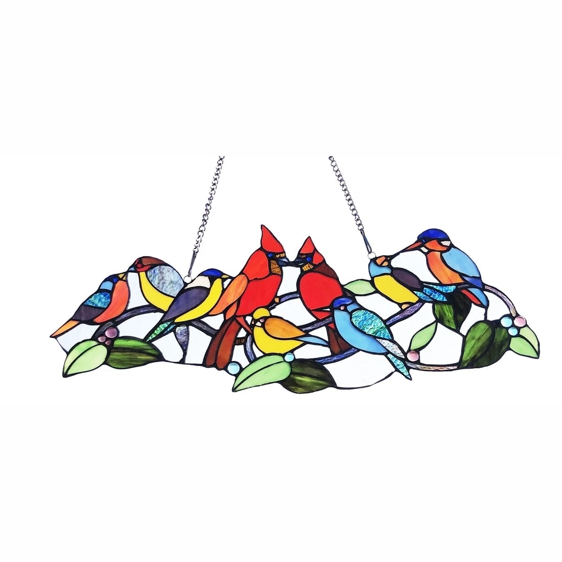 27" Cardinal Bird Stained Glass Window Hanging Panel Suncatcher: Description 27" Wide x 10" tall Great reproduction glass panel with 9 perched song birds. This piece is hand made from individually cut pieces of glass. The techniques used to make this panel were dev