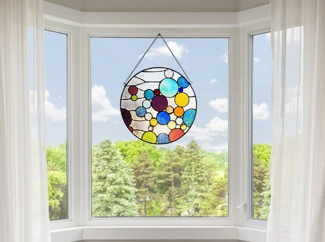 13" Round Stained Glass Bubble Window Panel Suncatcher - 5