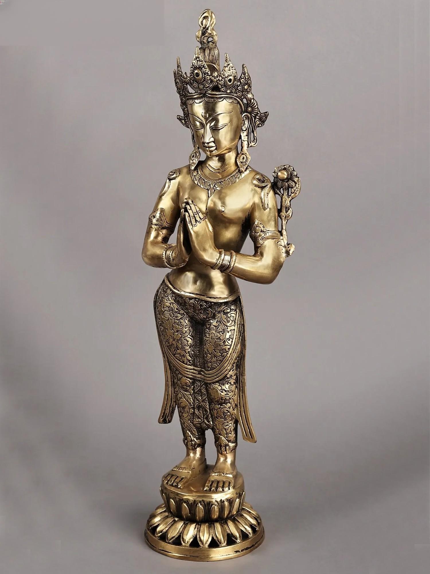 30" Large Namaste Tara Tibetan Buddhist Deity Brass Statue | Made in India - 2