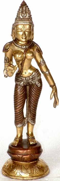 9" Standing Parvati in Brass | Handmade | Made in India: Description: See It In Your Home "Goddess Parvati, the divine consort of Lord Shiva, symbolizes the strength of the feminine." The Standing Parvati, her graceful form crafted in brass, represents more