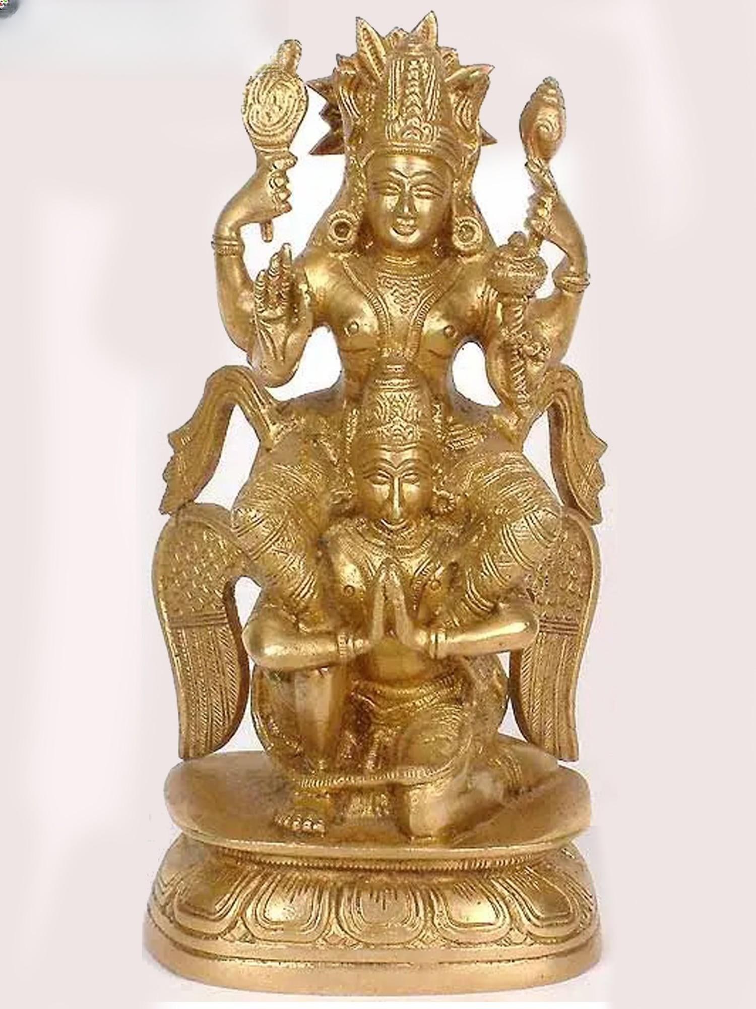 8" Garudasana Vishnu Brass Sculpture | Handmade | Made in India: Description: See It In Your Home Handcrafted with great care in India, the Garudasana Vishnu in Brass is a wonderful artwork. The essence of divine elegance and might is embodied in this image of