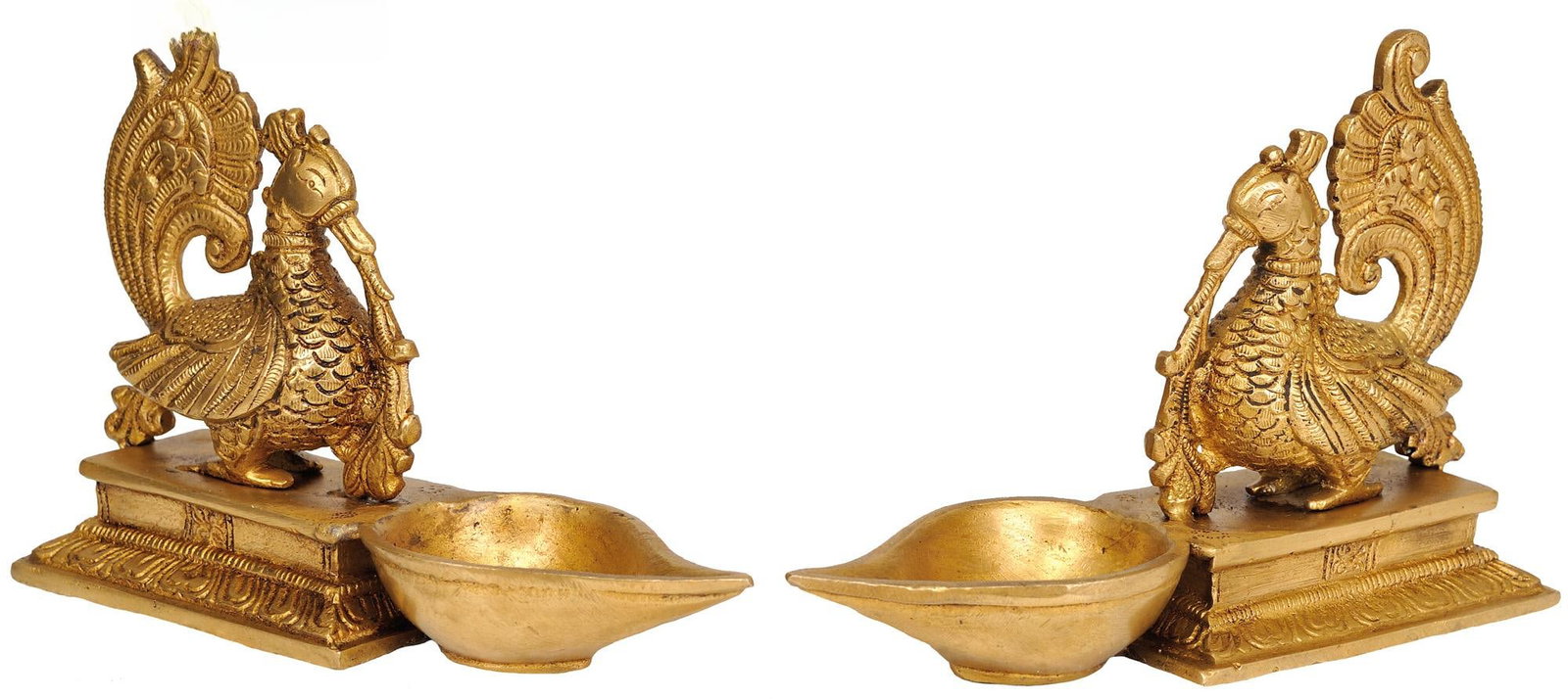 7" Pair of Mayur (Peacock) Lamps in Brass | Handmade | Made in India: Description: "In the peacock's display of feathers, nature celebrates the grandeur of vibrant life." These expertly crafted brass peacock lights honour the splendour of nature. Hindu mythology