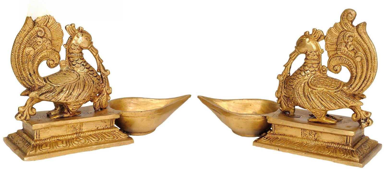 7" Pair of Mayur (Peacock) Lamps in Brass | Handmade | Made in India - 2