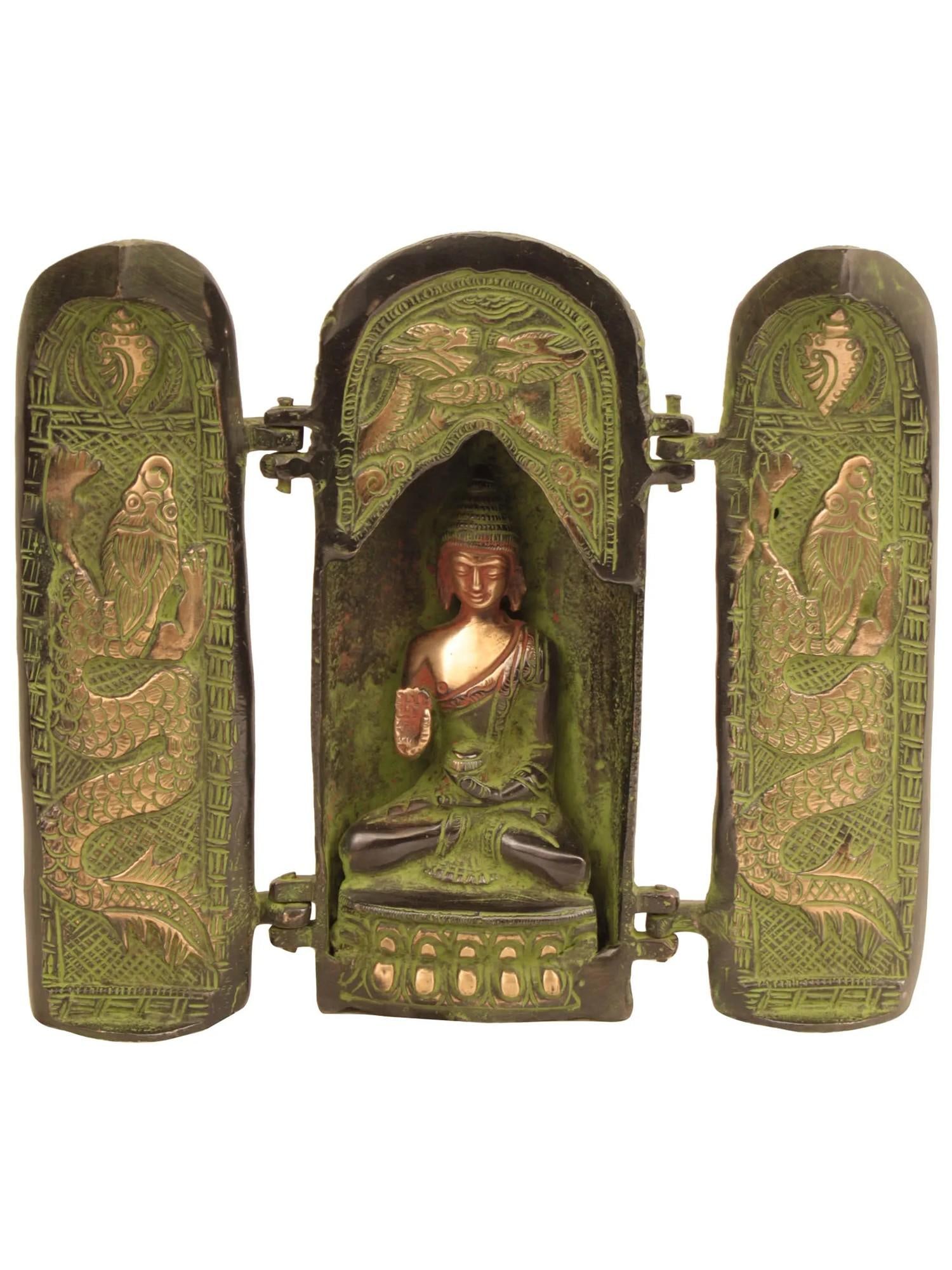 8" Compact Seated Buddha Precinct in Brass | Handmade | Made in India: Description: See It In Your Home Discover inner peace with this Brass Seated Buddha Precinct, a piece that encapsulates the serenity and tranquility that are central to Buddhism and Indian philosophy.