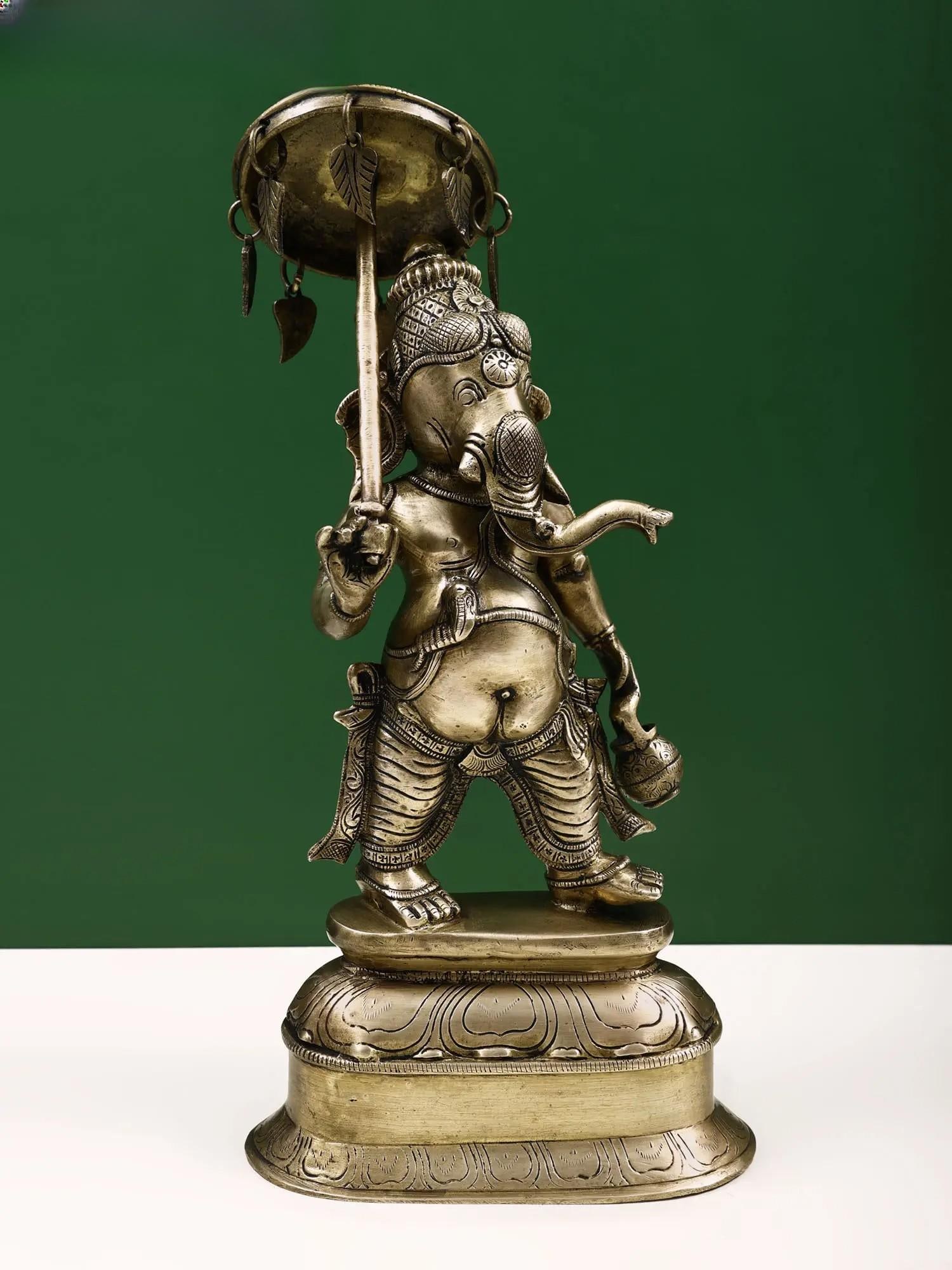 15" Brass Lord Ganesha Statue with Umbrella | Handmade | Made in India - 2