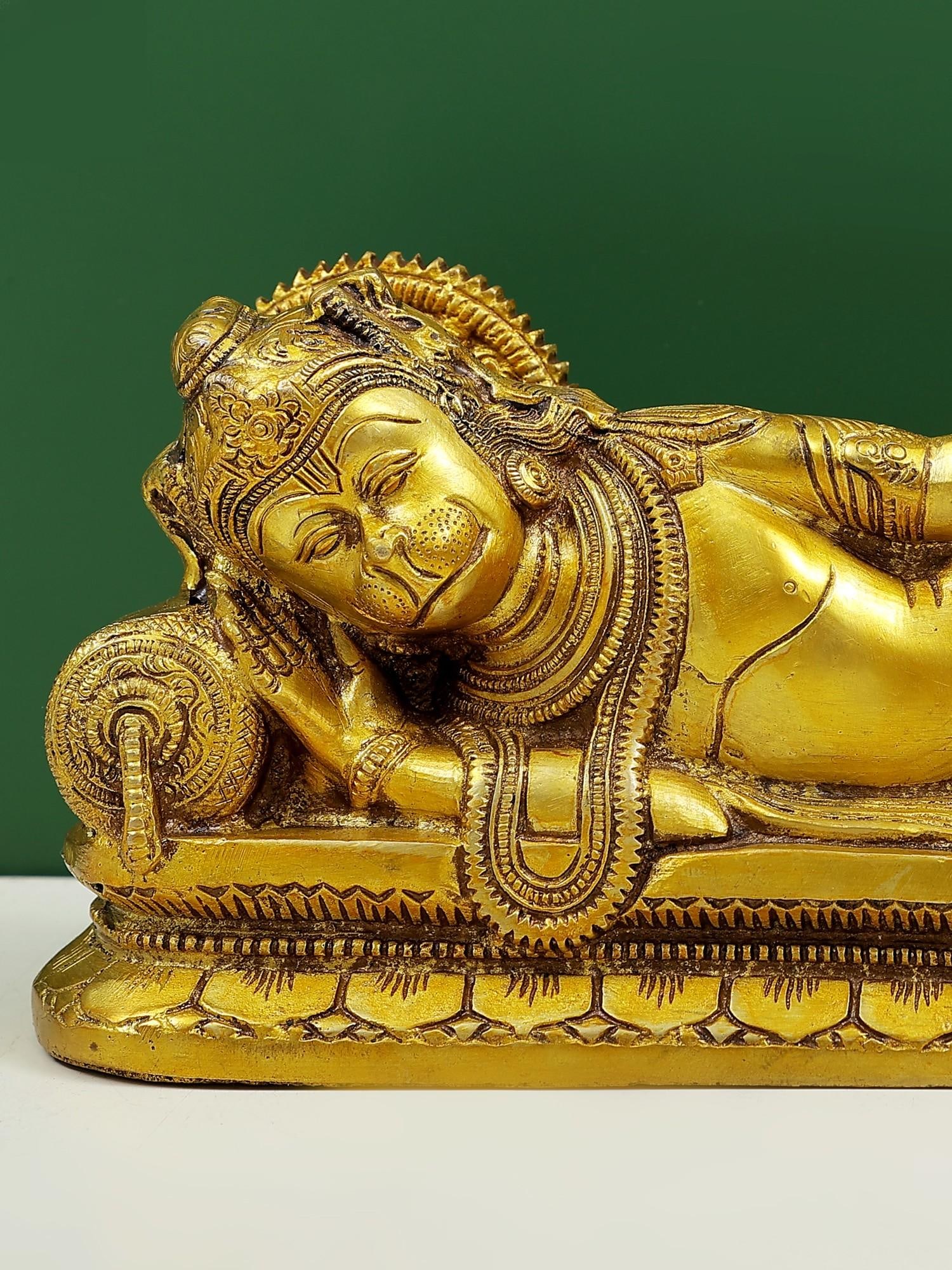 4" Small Reclining Hanuman Brass Idol | Religious Figurine - 2
