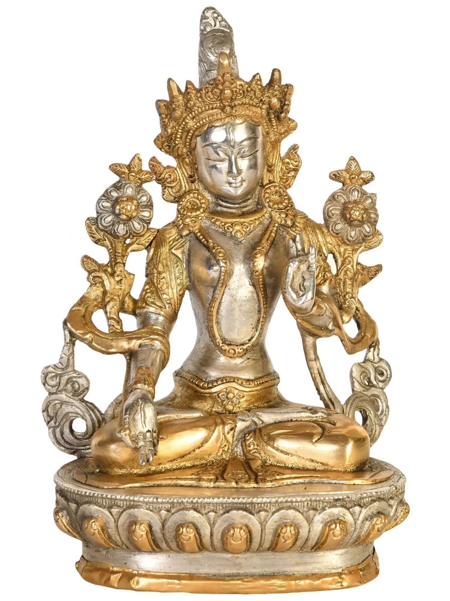 8" Seven-Eyed Buddhist Goddess White Tara Brass Statue | Handmade | Made in India: Description: See It In Your Home White Tara, a prominent deity in Tibetan Buddhism, is an emanation of the Goddess Tara and holds a special place in the Vajrayana tradition. She is characterized by