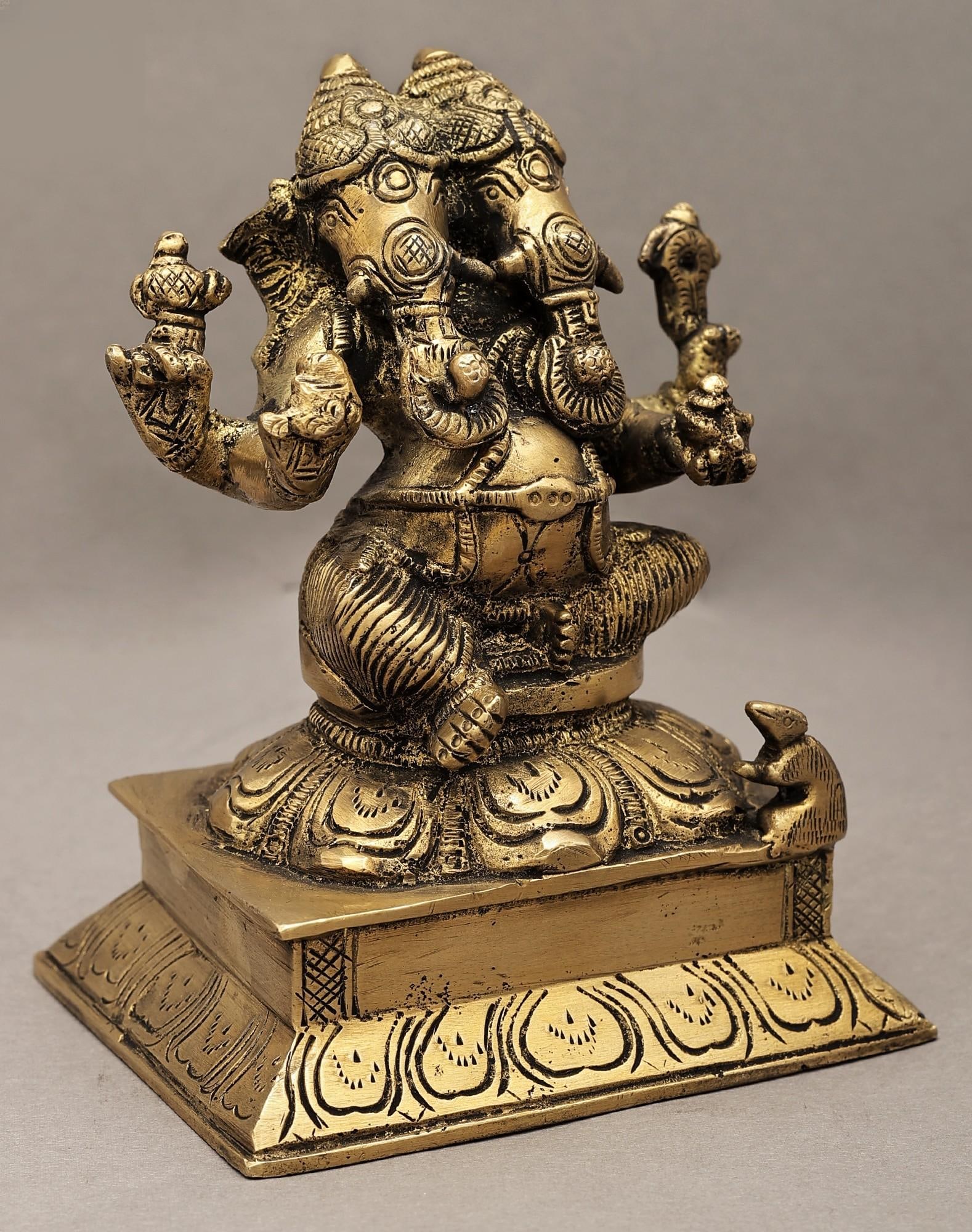 5" Two-Headed Ganesha Brass Statue (Rare Presentation) | Handmade | Made in India - 2