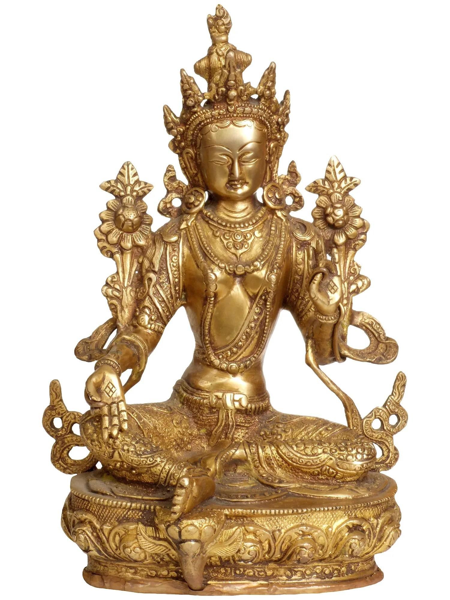 12" Green Tara Brass Statue | Handmade Tibetan Buddhist Deity Idol (1 of 2)