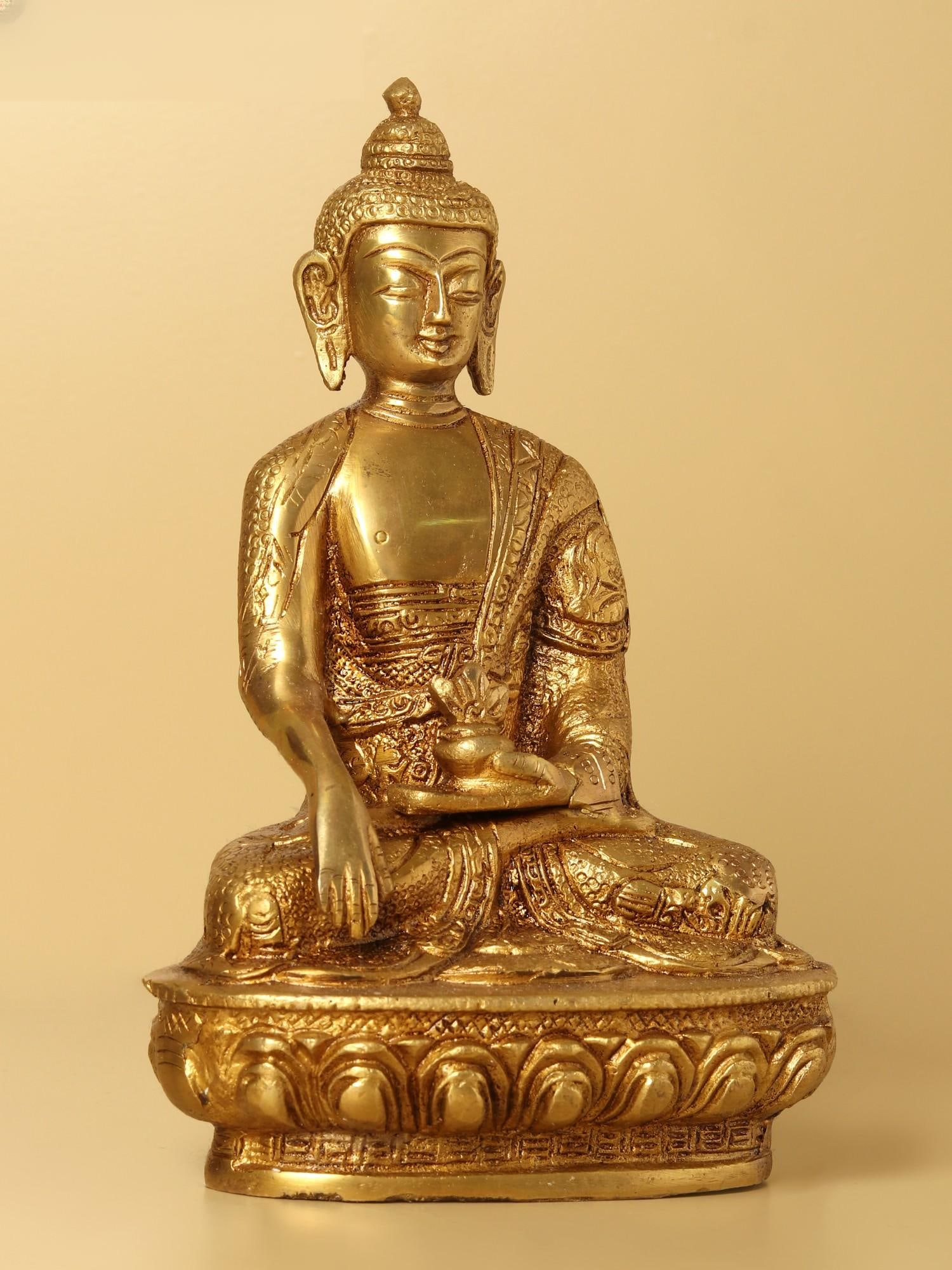 7" Brass Bhumisparsha Buddha Statue (Robes Decorated with Auspicious Symbols) | Handmade | Made in - 2
