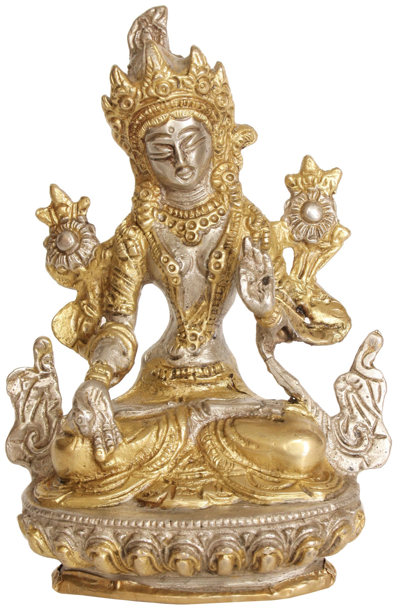 5" Goddess White Tara Idol in Brass | Tibetan Buddhist Deity Statue: Description: See It In Your Home Cast from the finest brass, this sculpture exudes a timeless radiance that accentuates every intricately detailed feature. Goddess White Tara's serene countenance,