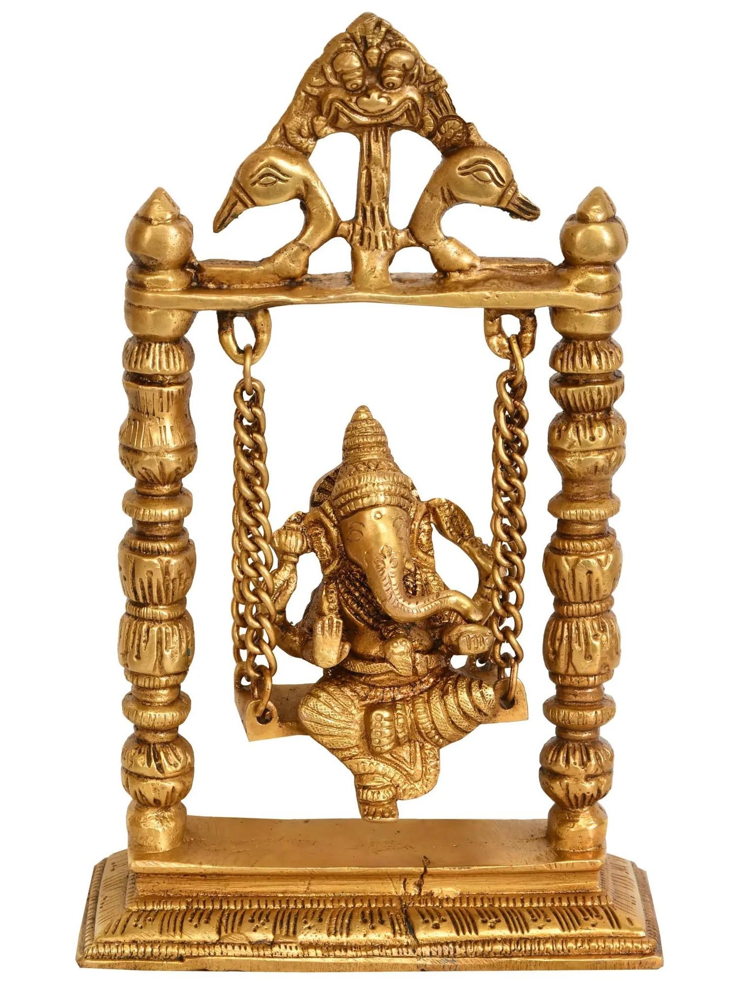 8" Brass Lord Ganesha Idol on a Swing | Handmade Home Temple Statue: Description: See It In Your Home This small brass statue of Lord Ganesha beautifully captures the essence of the beloved Hindu deity, revered for its wisdom and obstacle-removing powers. This compact 